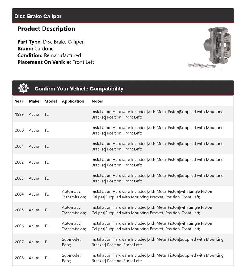 Pinza de freno de disco delantera izquierda Cardone 2000 2001 2002 2003 para Acura TL 1999-2008 Foto 2 de 4