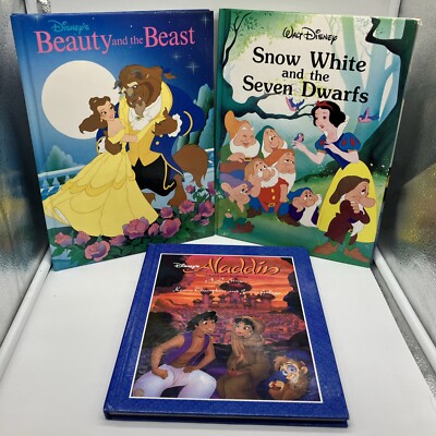 Disney Book Lot Of 3 Hardbacks, Beauty & The Beast, Aladdin, And Snow White