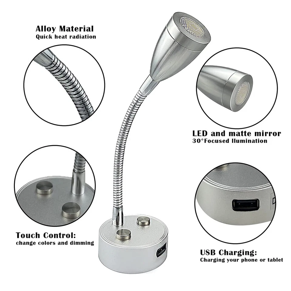 LED Reading Lights USB Charging Bedside Lamp RV Yacht Touch Lamp Dimmable Light - Image 4 of 4
