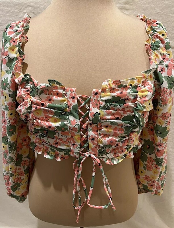 Womens Firestar Top Lace Up Front Crop Top Corset Style Floral Top Festival Y2K