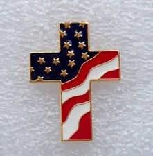 God and Country, Patriotic Cross American Flag pin, gold plate, made in the USA!