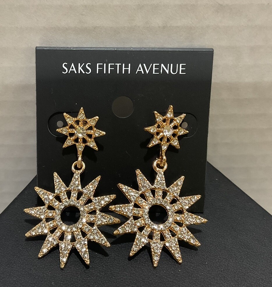 Saks Fifth Avenue Starburst Gold Toned Pierced Dangling Earrings New