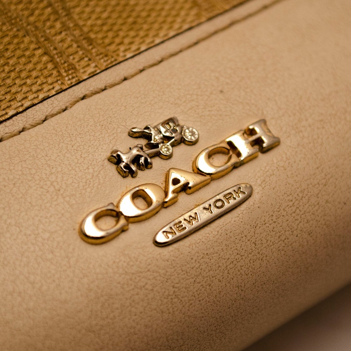 Coach Metal Logo Beige Canvas Leather Zip Round Long Wallet Purse