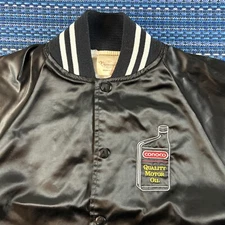 VTG Conoco Motor Oil Satin Jacket Mens Small Black Auburn Snap Cars Adult #7206