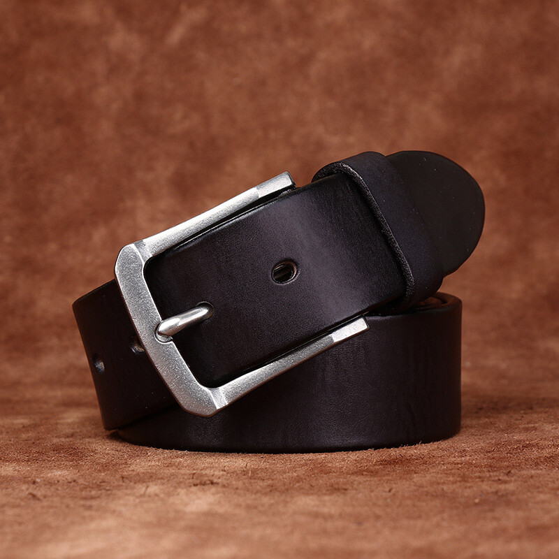 Men First Layer Leather Belt Jeans 3.8cm Wide Stainless Steel Pin Buckle Belt