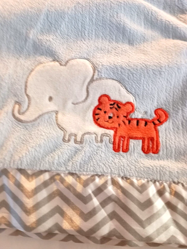 CARTER"S JUST ONE YOU BLUE TIGER ELEPHANT BABY BOY SATIN TRIM BLANKET 29" x 38" - Image 2 of 4