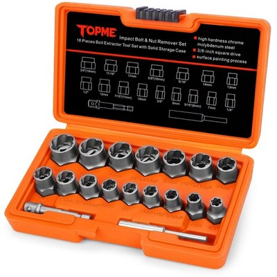 18-Piece Bolt Extractor Set - 3/8'' Drive for Damaged, Rusted, Rounded Nuts & Bol
