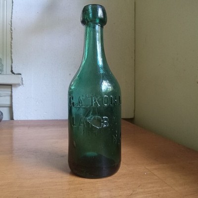 IRON PONTIL G.A.KOHL LAMBERTVILLE,NJ PRETTY GREEN LONG NECK 1850s SODA BOTTLE