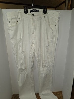 Hollister Skinny Jeans White Denim Distressed Stretch Button Logo Men's