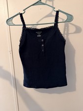 American Eagle Black Camisole Tank Top Lace Trim Button Adjustable Strap S