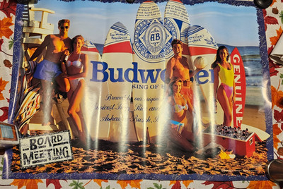 VTG 80s Budweiser Beer Board Meeting Poster 20X28 bikini beach Volleyball