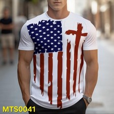 Men's White USA Flag Cross Patriotic Graphic Tee Crew Neck Short Sleeve 2XL