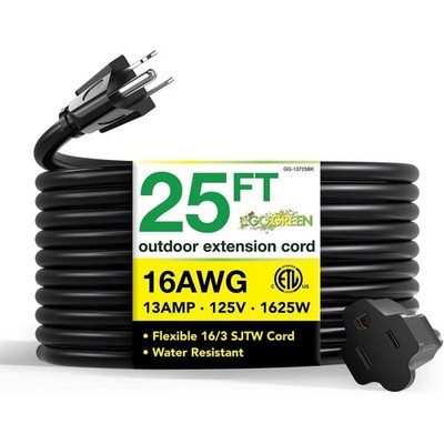 25 Ft Heavy Duty Extension Cord 16 Gauge 16/3 Outdoor Power Cord Black