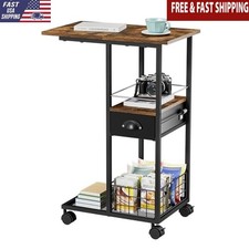 C Shaped Bedside Table Sofa Side Table W/Drawer Living Room Wheel Storage Basket