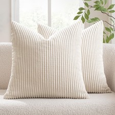MIULEE 24x24 Cream White Striped Corduroy Pillow Covers Set of 2 Soft Shams