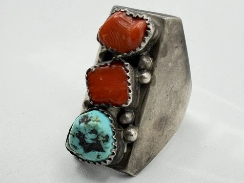 VTG Navajo turquoise Red Coral sterling silver Heavy Men’s Ring 24g size