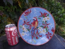 Colourful Slumped Art Glass Plate Tropical Macaw Parrot & Exotic Flowers Design