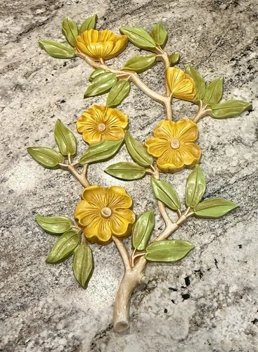 Dart Vintage Mid Century Yellow Flower Wall Plaque Decor 20.5" Tall 14" Wide