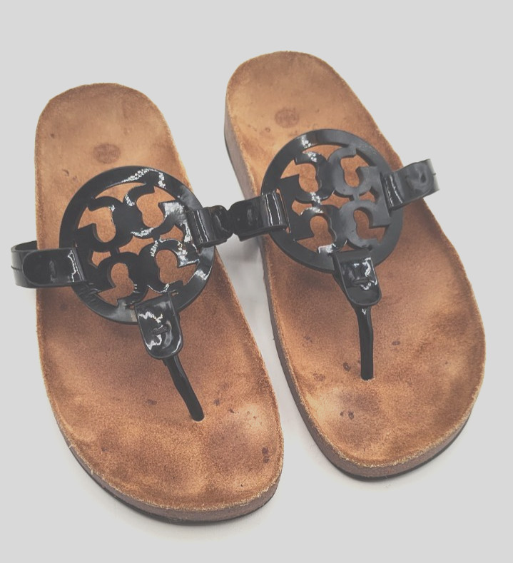 Tory Burch Miller Cloud Black Patent Sandals Slides Thong Cork Women’s 6