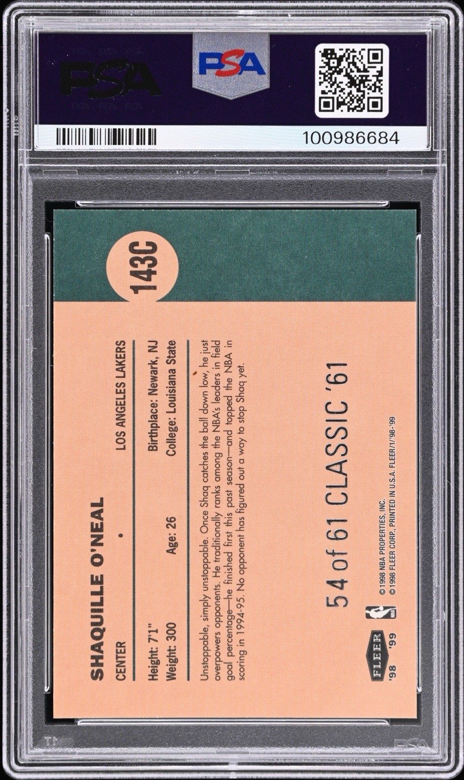 1998-99 Fleer Tradition Shaquille O'Neal #143 Vintage '61 Lakers Rare /61 PSA 6 view 4