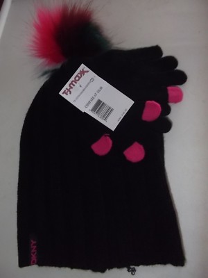 DKNY - GIRLS - HAT / MITTEN SET - BLACK / PINK - ONE SIZE    (AC-28-140)