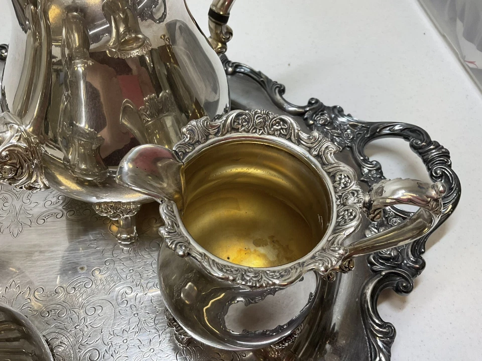 Juego de bandeja, café, té, azúcar y crema enchapada en plata Wallace Royal Rose Foto 4 de 4