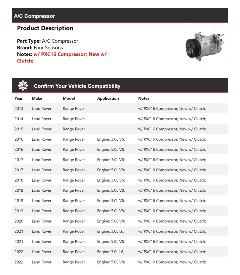 For 2013-2022 Land Rover Range Rover A/C Compressor 4 Seasons 2014 2015 2016 — 第 2/4 张图片