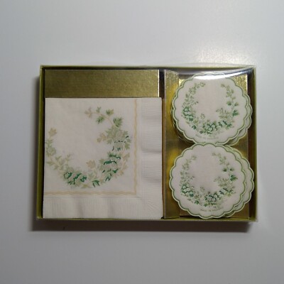 Vintage Freund-Mayer Creations Green Floral Coasters and Napkins in Original Box