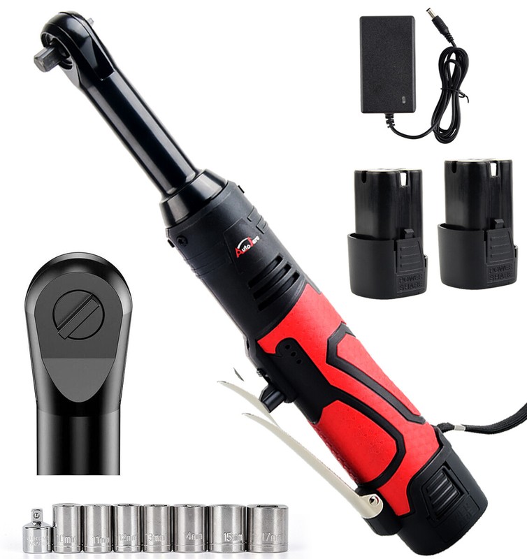 3/8" Electric Cordless Ratchet Right Angle Wrench Impact Power Tool + 2 Battery