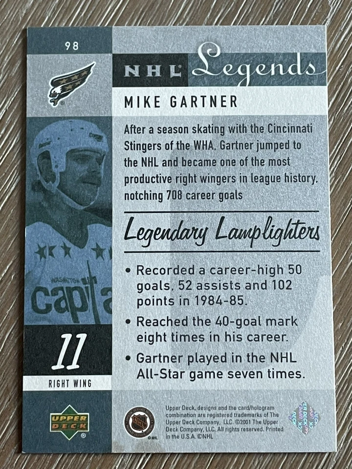 2001-02 Upper Deck NHL Legends Mike Gartner Legendary Lamplighter hockey card 98 - Image 2 of 2