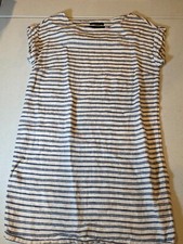 Tahari 100% Linen Shift Dress Women's XS Ivory Blue Stripe Cap Sleeve Beach