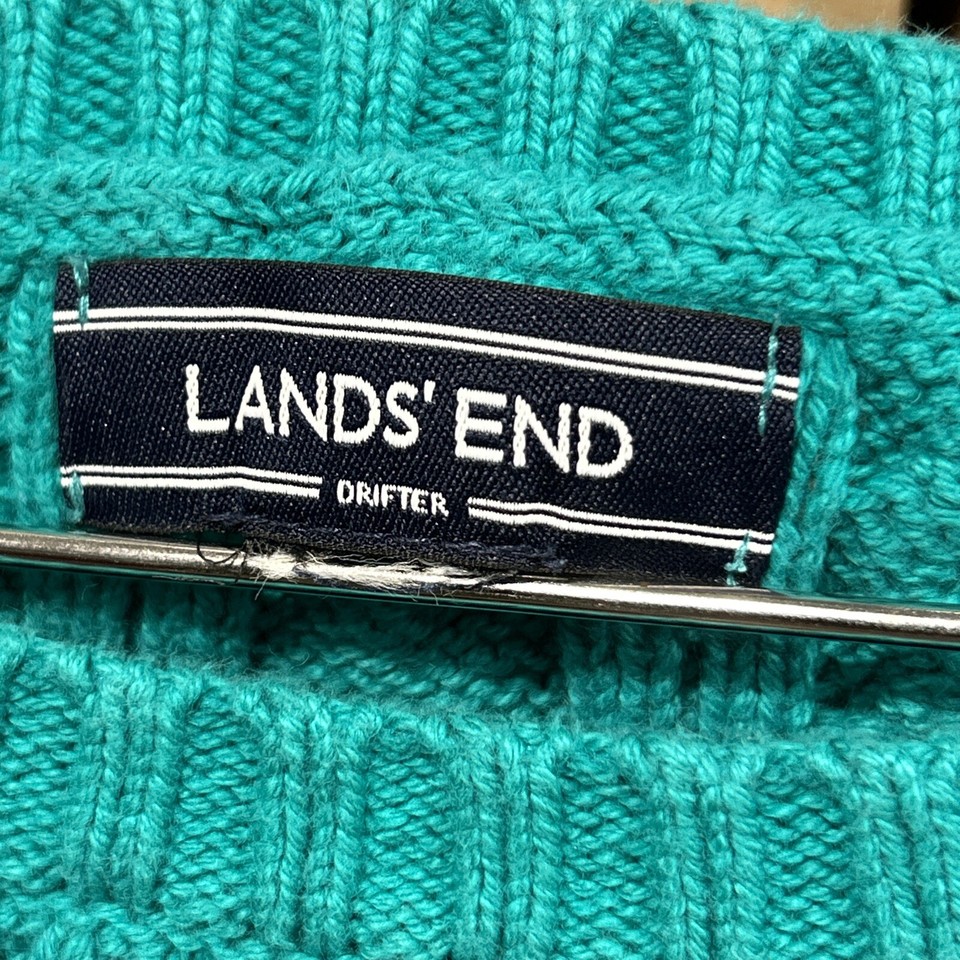 Lands End Drifter Medium Petite Green Cable Knit Crewneck Cotton