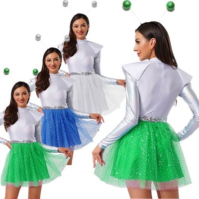 DE Freebily Damen Alien Kostüm Space Girl Kleid Mit Alien Stirnband Tütü Kleid
