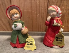 2 Vtg Jasco Merri-Bells Bisque Porcelain Figurine Bells Sleepy Girl & Caroler