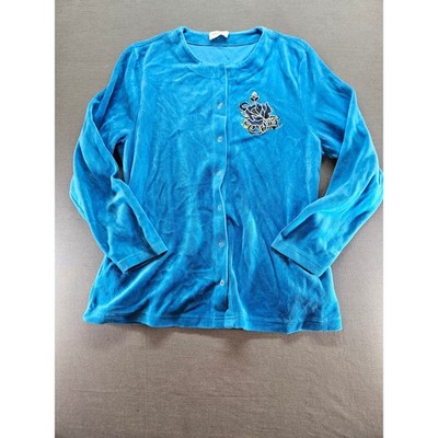 Peter Hahn Blue Velour Embroidered Floral Snap Front Cardigan Jacket Womens