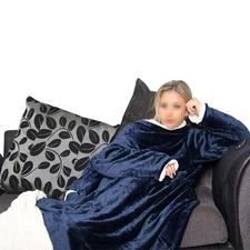 Unisex Men Ladies Navy Wearable Snuggle Sleeves Blanket Super Soft Warm Fleece