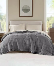 MADISON PARK GRAY WINDOM  DOWN ALTERNATIVE SATIN TRIMMED GRAY BLANKET scotchgard