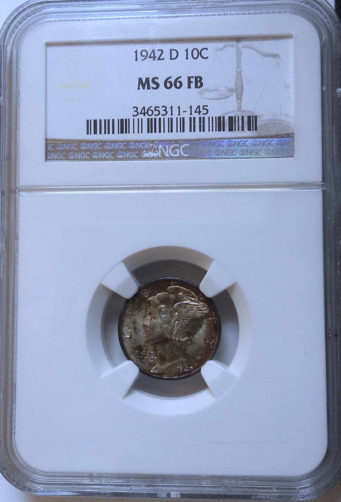 1942-d. Mercury Dime. NGC MS66FB. Gem+/Superb BU. Full Bands. Color