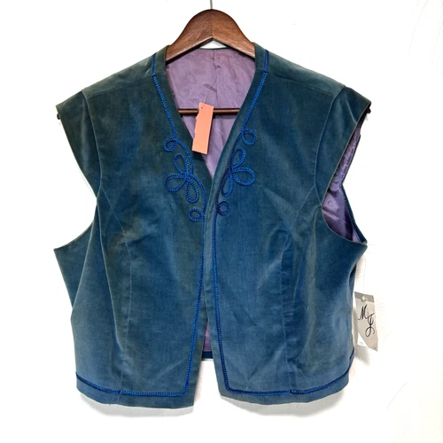 Vintage Modern Junior Blue Velvet Embroidered Vest Sleeveless Size L Deadstock