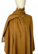 Vintage Alpaca Camargo Peru Cape Poncho Ruana Attached Fringed Scarf Camel Brown