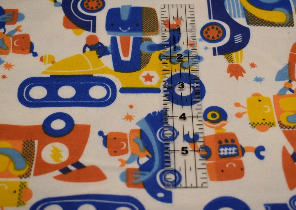 3 yards 100% COTTON SUPER SNUGGLE FLANNEL FABRIC robot car juvenile BLUE ORANGE - Image 3 of 4
