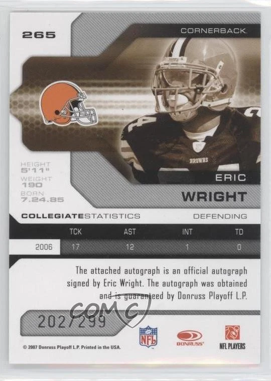 2007 Leaf Limited Rookie /299 Eric Wright #265 Rookie RC - Image 2 of 2
