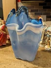 Vintage Murano style Blue Handkerchief Vase Opalescent Art Glass 9 inches
