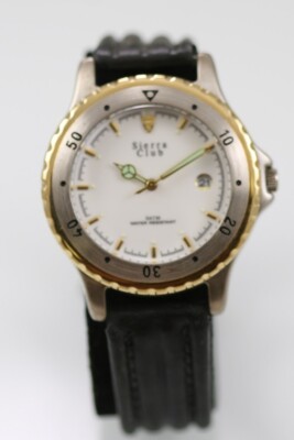 Sierra Club Men Watch Silver Gold Stainless 30m Black Leather Date White Quartz