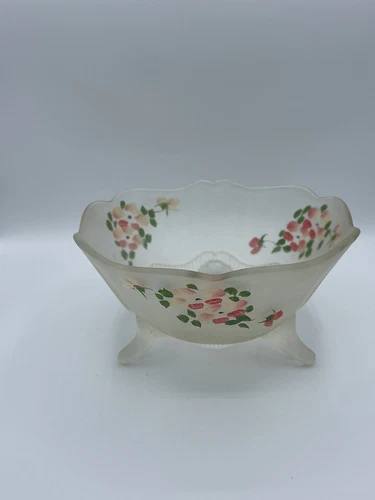 Vintage Pink Satin Depression Glass Bowl Hand Painted Flowers With Handles