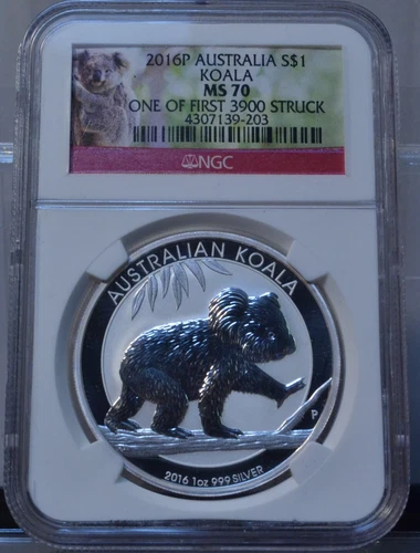 2016P $1 AUSTRALIA KOALA ONE OF FIRST 3900 STRUCK NGC MS70 1 OZ .999 SILVER COIN