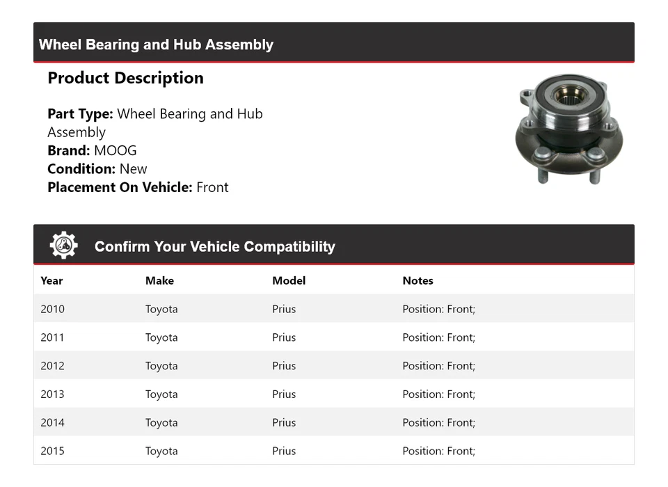 Conjunto de cojinete de rueda y buje delantero MOOG 2010 2011 para Toyota Prius 2010-2015 Foto 2 de 4