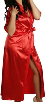 Damen langer roter Satin weicher Kimono Negligee Morgenmantel Kleid Nachthemd Gürtel Tanga 8-12