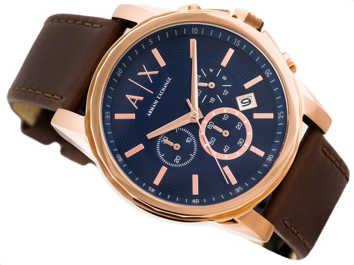 Armani Exchange Men's Rose Gold Blue Dial Brown Leather Armani Exchange Men's Rose Gold Blue Dial Brown Leather