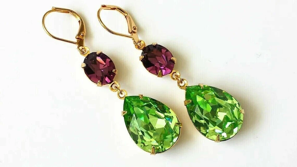 Lab Created Green Peridot 4Ct Pear Dangle Women's Earring 14K Yellow Gold Plated - Image 2 of 4
